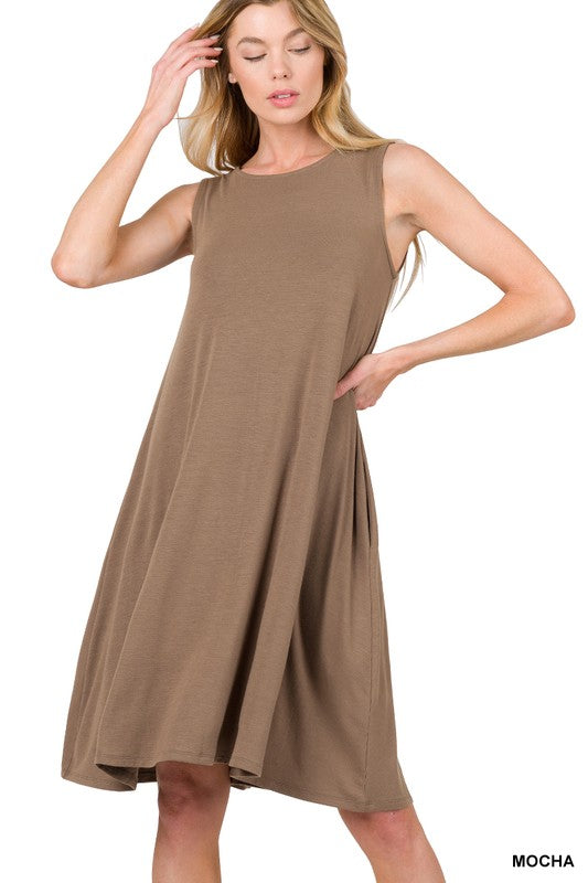 Zenana Sleeveless Flared Dress with Side Pockets