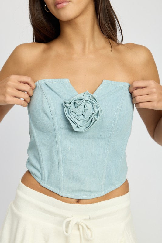 Emory Park | Denim Rosette Corset Tube Top
