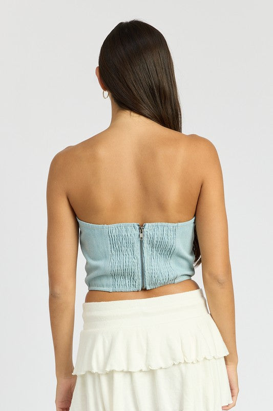 Emory Park | Denim Rosette Corset Tube Top