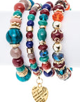 Heart Charm Mix Beads Stretch Bracelet Set