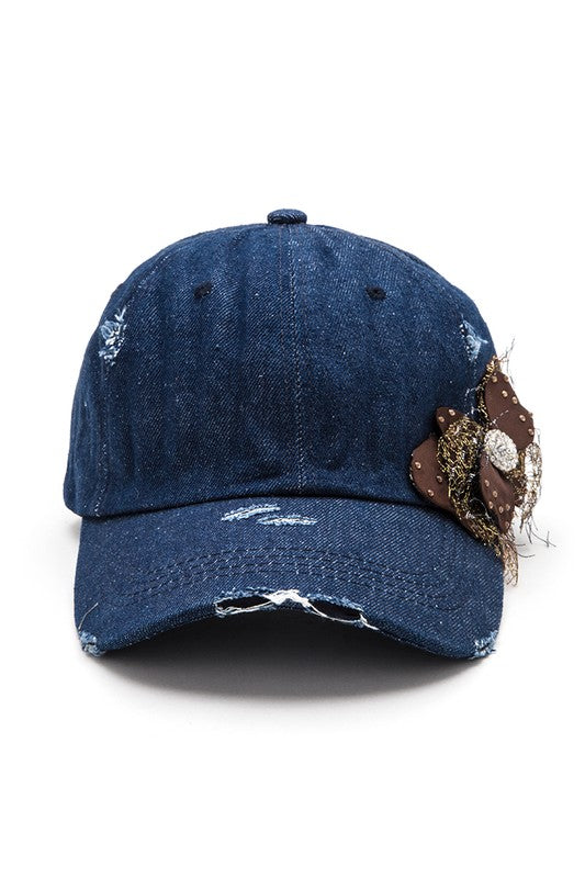 Lace Butterfly Distressed Denim Cap