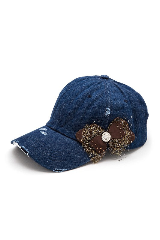 Lace Butterfly Distressed Denim Cap