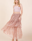 Tiered Mesh Tulle Maxi Skirt — Embossed Romantic Ruffle Skirt