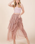 Tiered Mesh Tulle Maxi Skirt — Embossed Romantic Ruffle Skirt