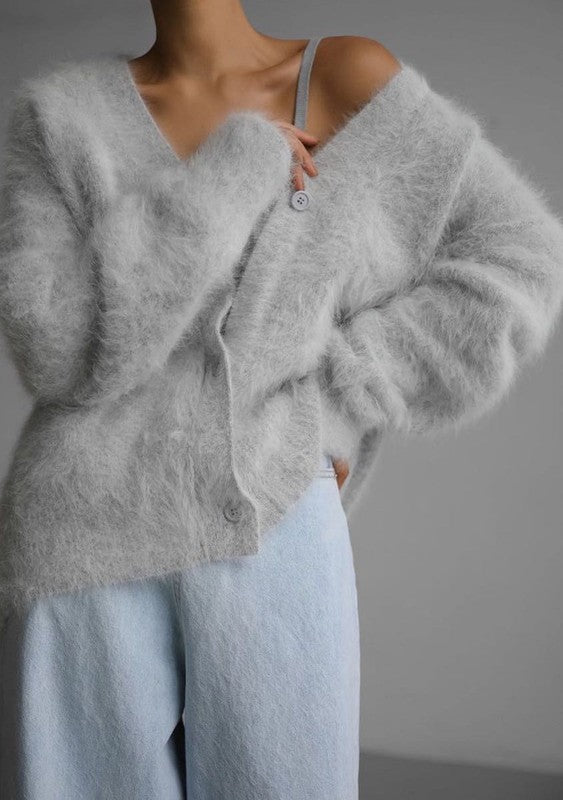 Miss Sparkling |Fuzzy Oversized Button Front Cardigan