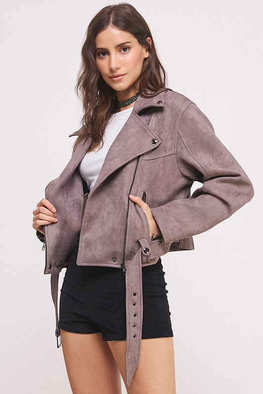 Jade By Jane Belted Long  Sleeve Faux Suede Moto Jacket