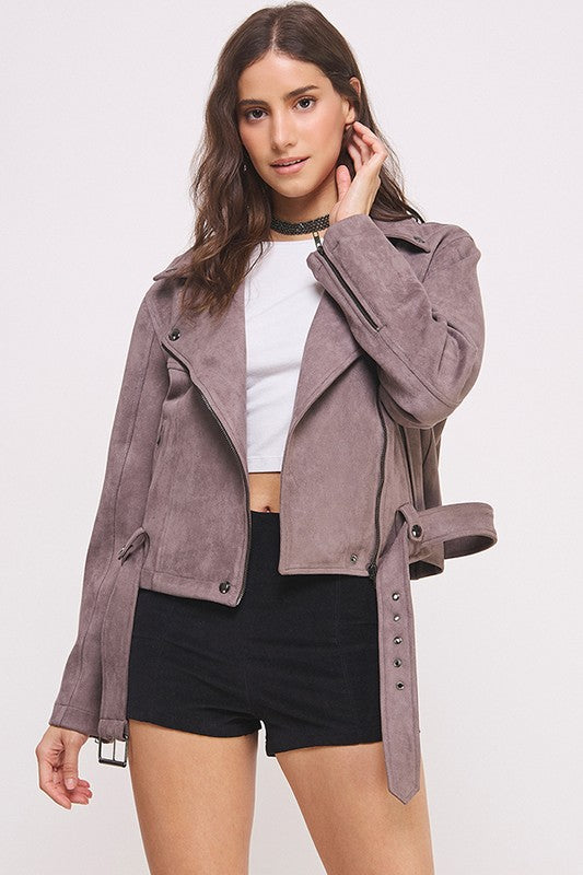 Jade By Jane Belted Long  Sleeve Faux Suede Moto Jacket