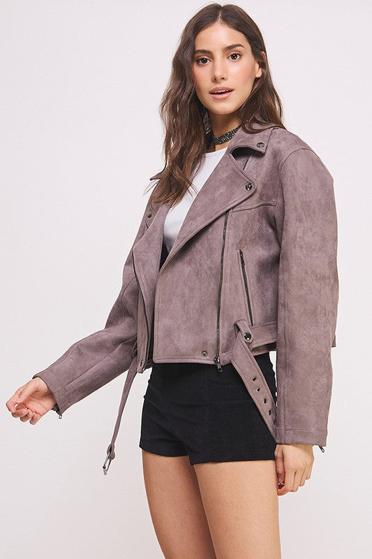 Jade By Jane Belted Long  Sleeve Faux Suede Moto Jacket
