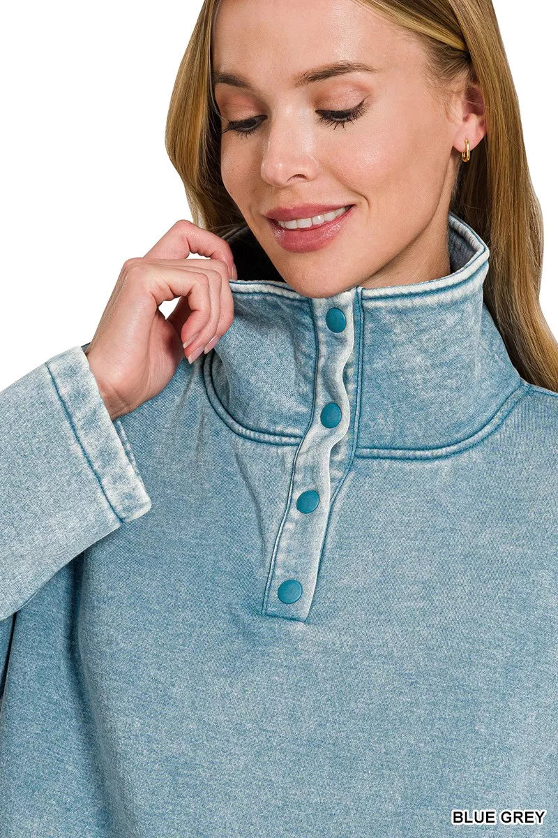 Zenana Fleece Washed High Neck Kangaroo Pocket Sweatshirt in Blue Grey