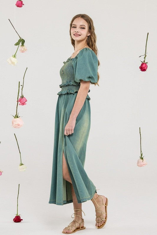 Denim Off Shoulder Puff Sleeves Smocked Dress