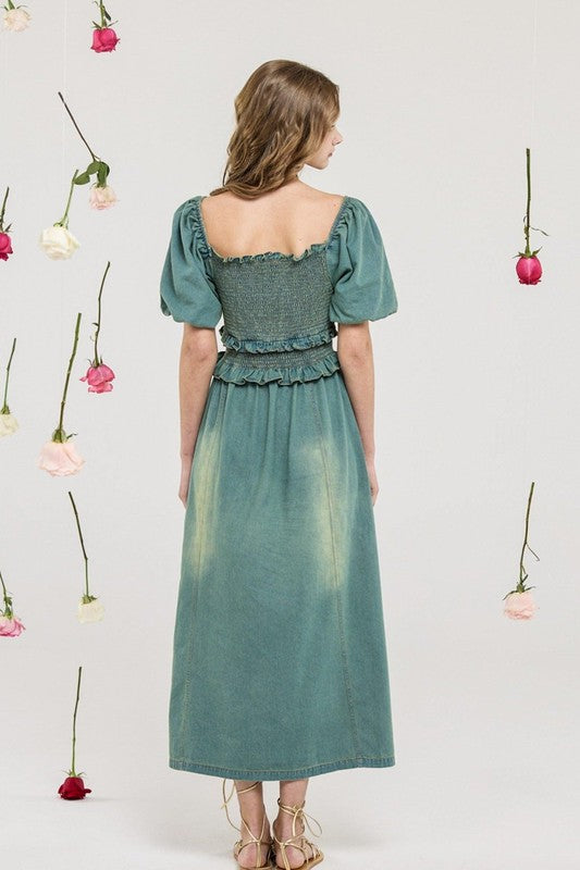 Denim Off Shoulder Puff Sleeves Smocked Dress