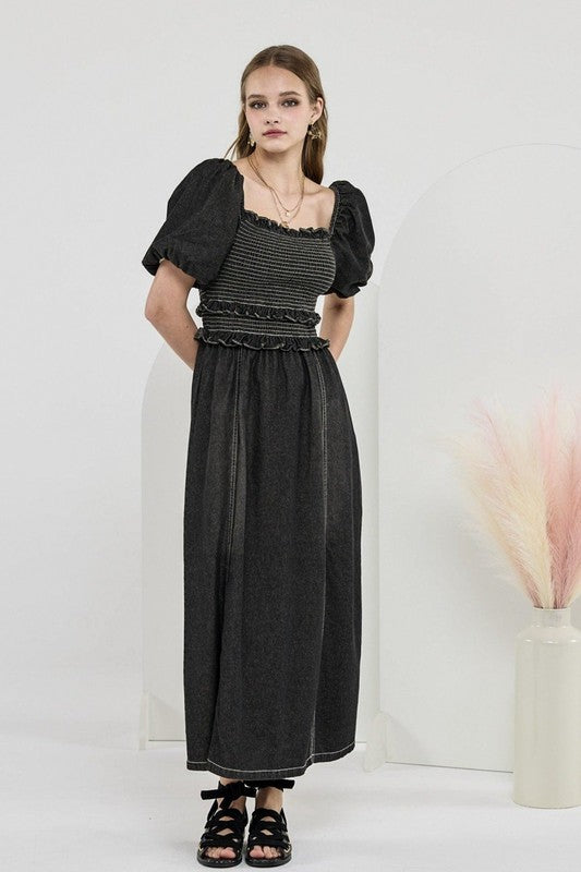 Plus Denim Off Shoulder Puff Slv Smocked Dress