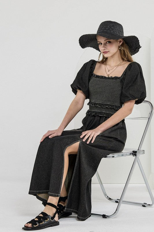 Plus Denim Off Shoulder Puff Slv Smocked Dress