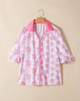 Floral Collared V-Neck Ruffle 3/4 Sleeve Shirt