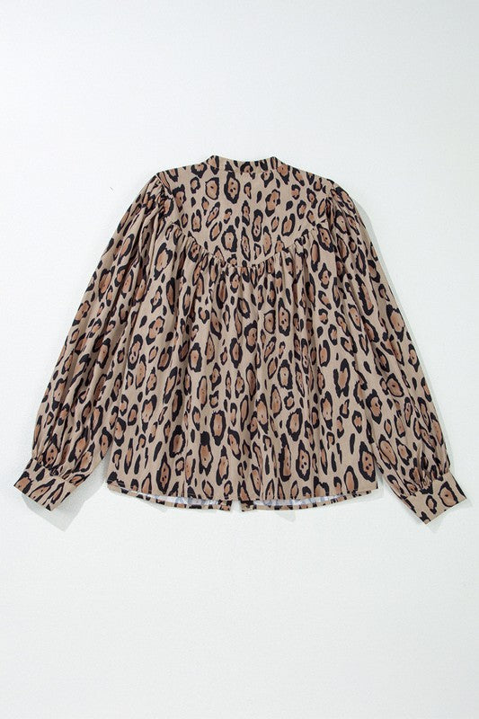 Oversized Leopard Print Balloon Sleeve Blouse