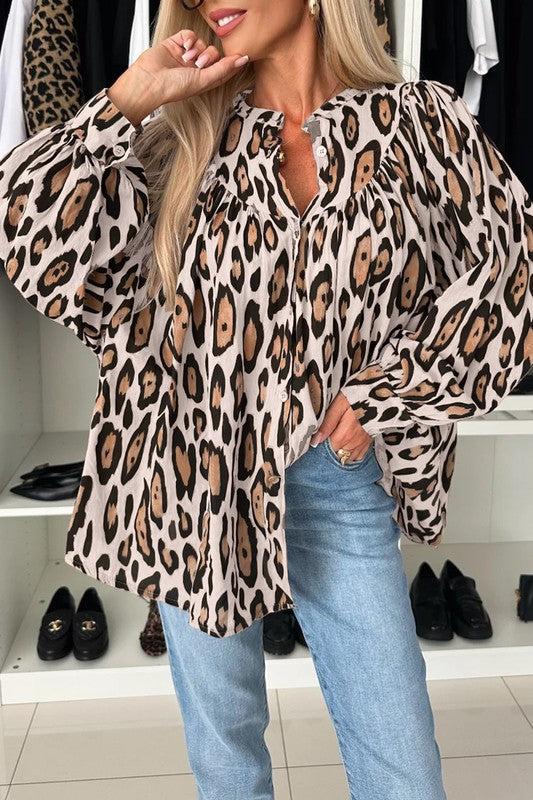 Oversized Leopard Print Balloon Sleeve Blouse