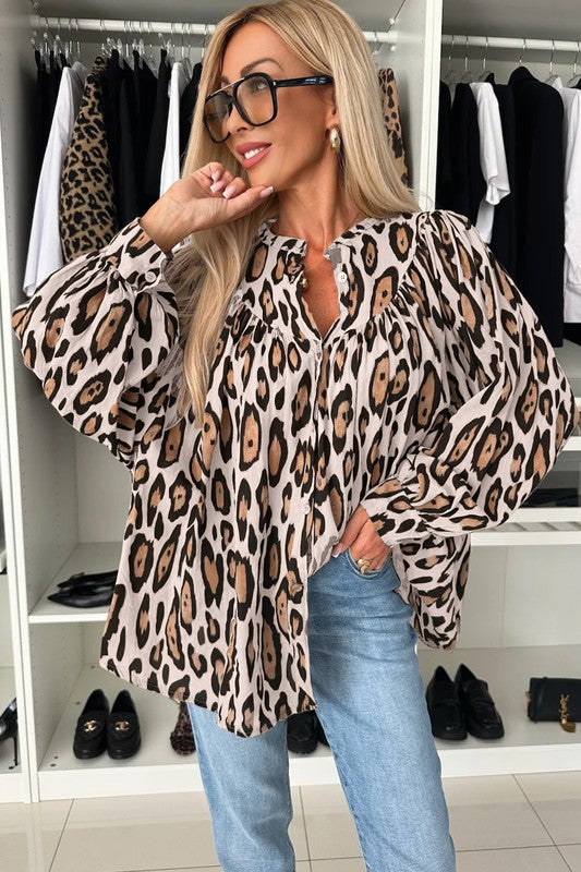 Oversized Leopard Print Balloon Sleeve Blouse