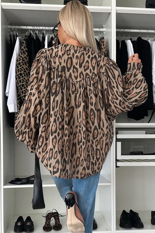 Oversized Leopard Print Balloon Sleeve Blouse