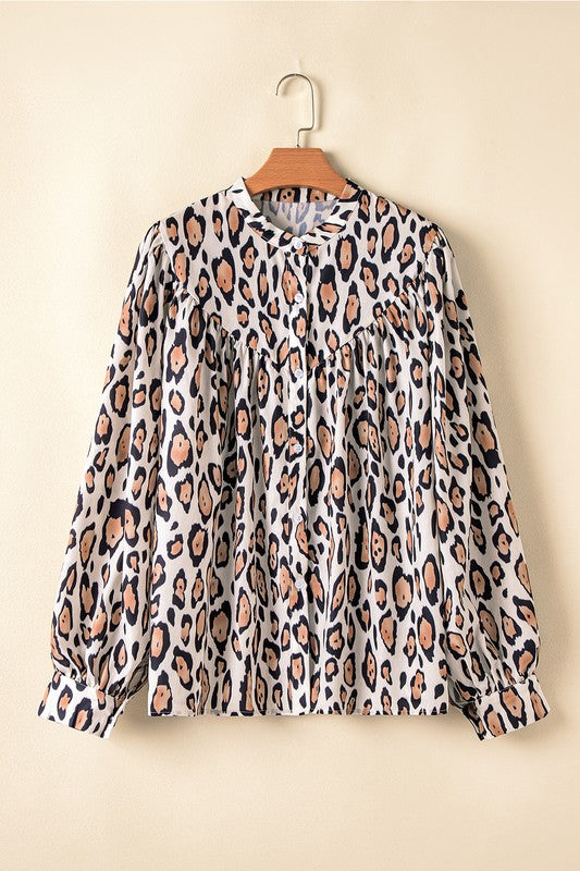 Oversized Leopard Print Balloon Sleeve Blouse