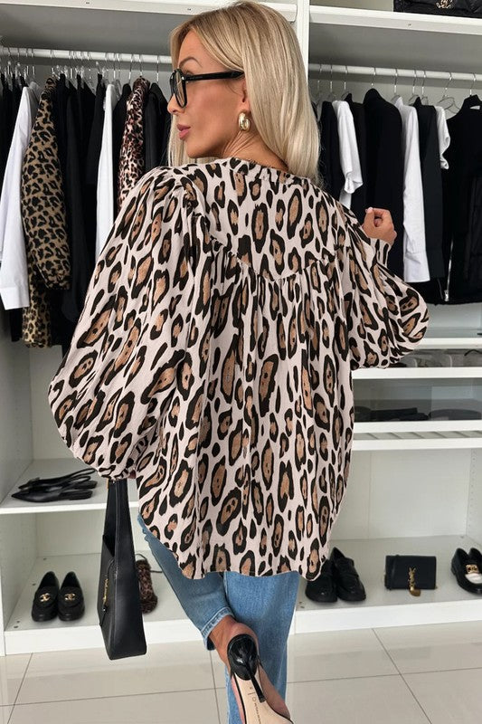 Oversized Leopard Print Balloon Sleeve Blouse