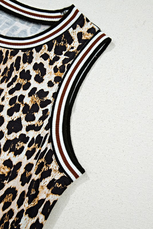 Contrast Stripe Trim Leopard Sleeveless long Dress