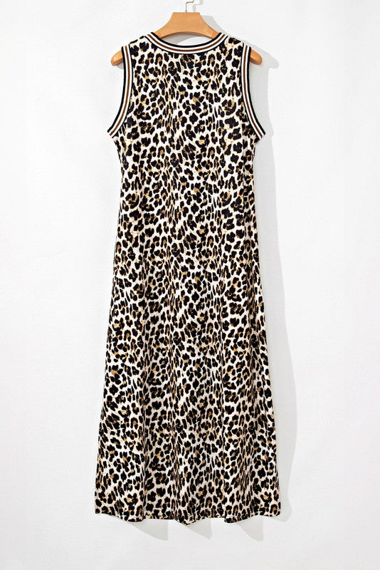 Contrast Stripe Trim Leopard Sleeveless long Dress