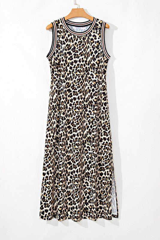Contrast Stripe Trim Leopard Sleeveless long Dress