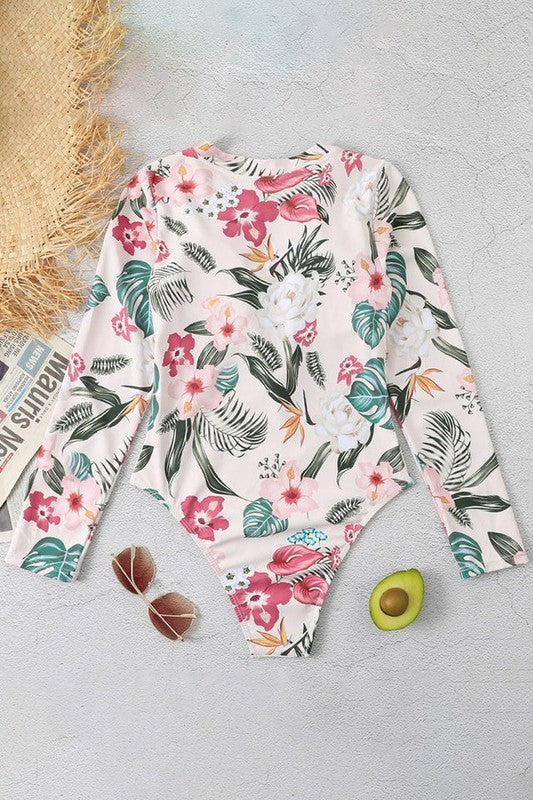 Pink Floral Zip Long Sleeve UPF50 Rash Guard