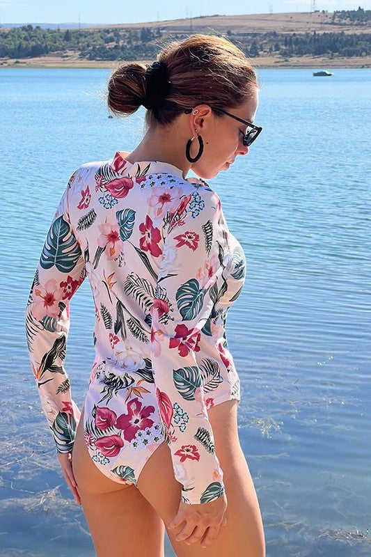 Pink Floral Zip Long Sleeve UPF50 Rash Guard