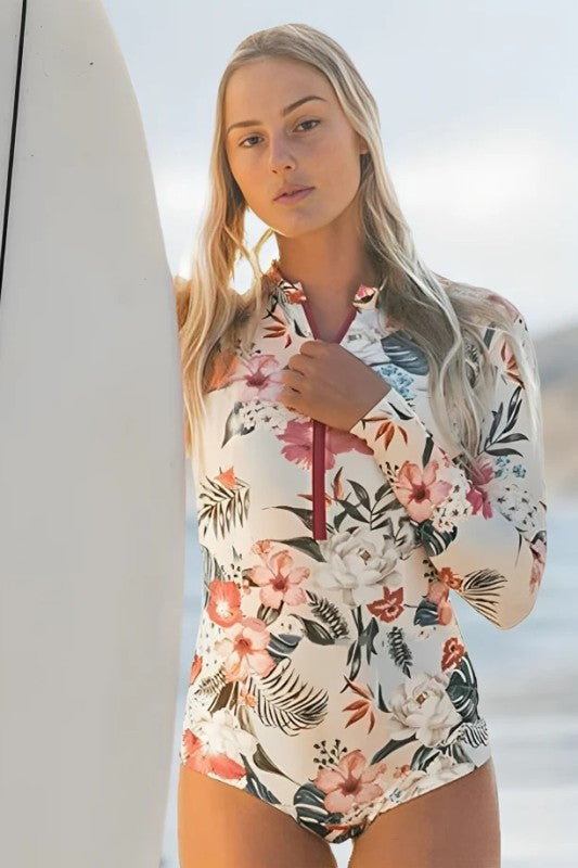 Pink Floral Zip Long Sleeve UPF50 Rash Guard