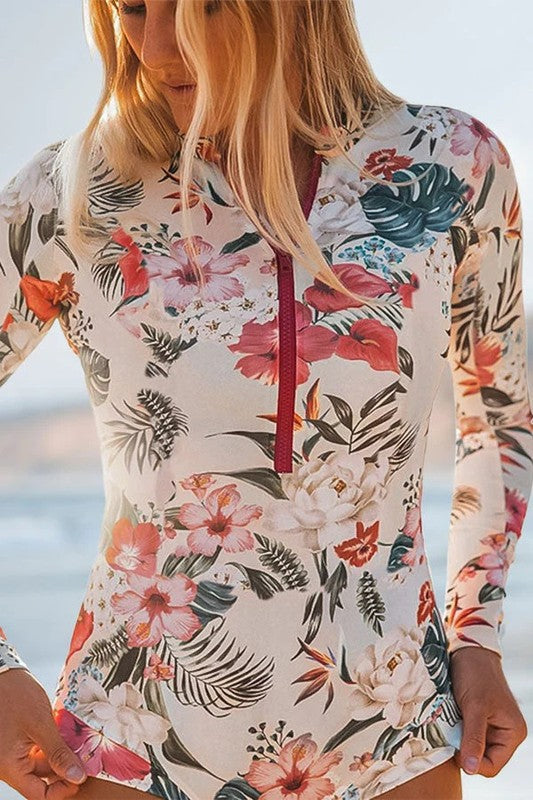 Pink Floral Zip Long Sleeve UPF50 Rash Guard