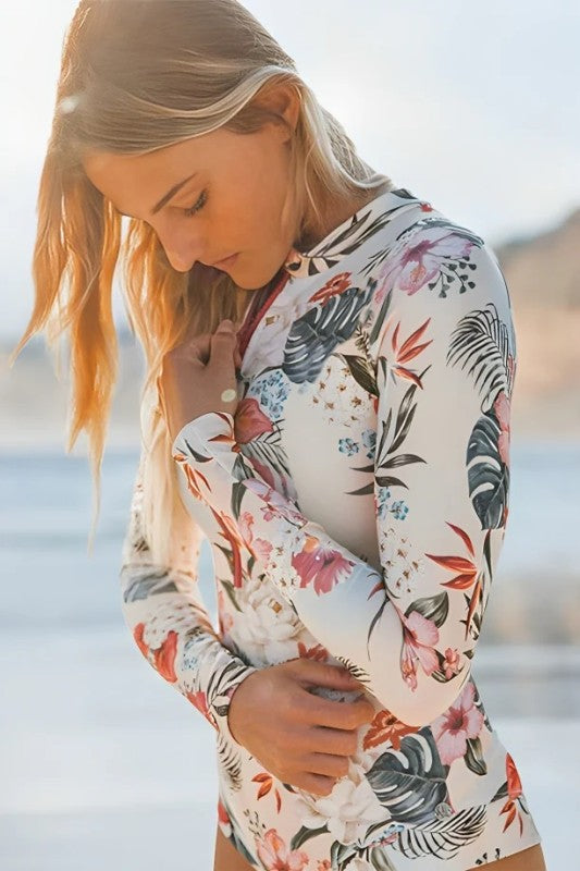 Pink Floral Zip Long Sleeve UPF50 Rash Guard