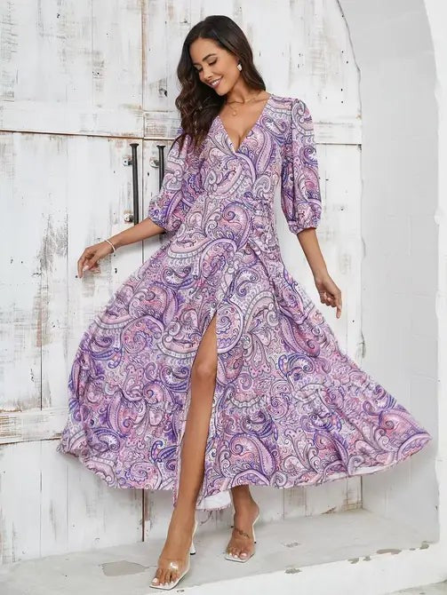 Miss Sparkling Elegant Floral Paisley Maxi Dress with Slit My