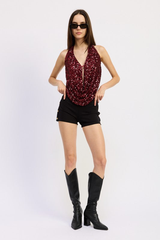 Emory Park Sequin Cowl Drape Halter Top