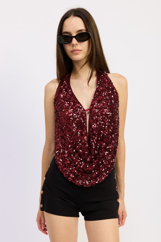 Emory Park Sequin Cowl Drape Halter Top
