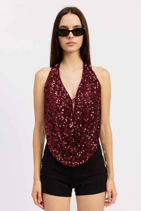 Emory Park Sequin Cowl Drape Halter Top