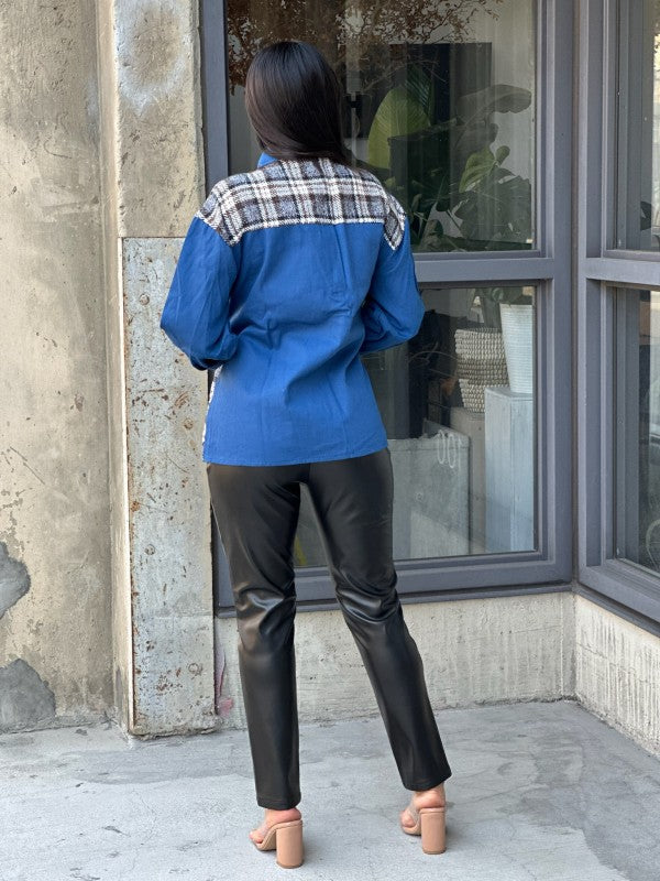 Oversized Denim & Plaid Print Jacket Top