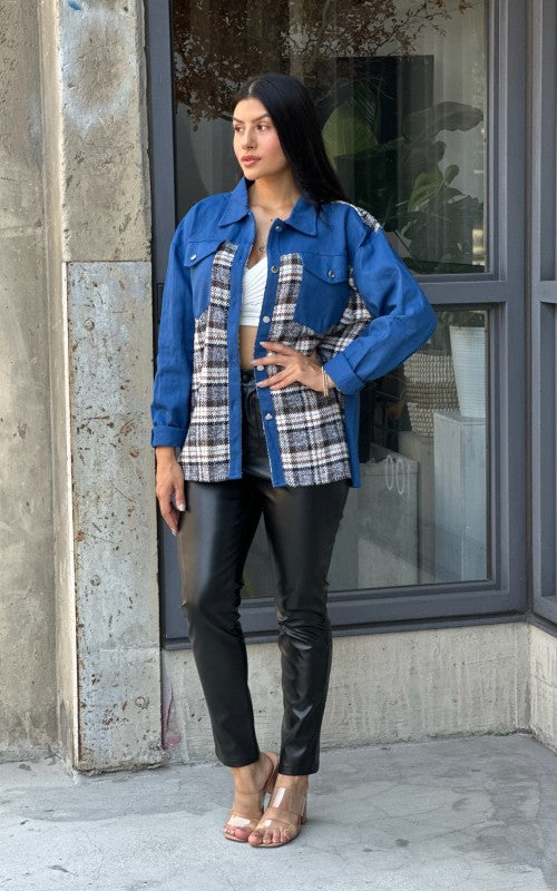 Oversized Denim & Plaid Print Jacket Top