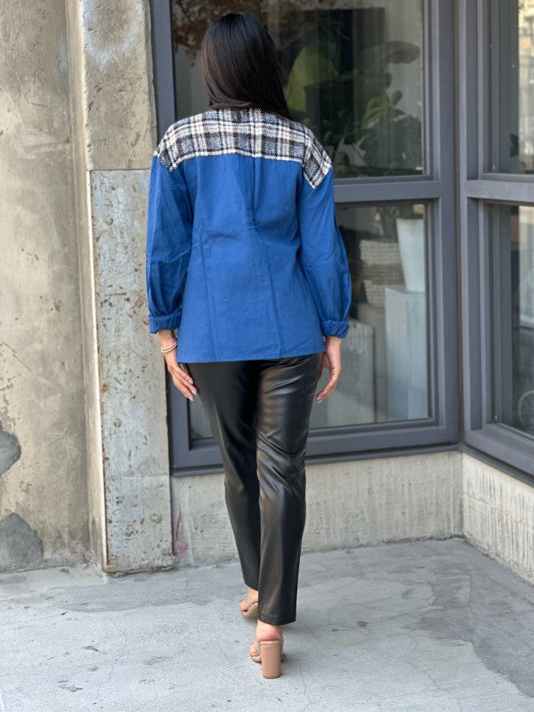 Oversized Denim & Plaid Print Jacket Top