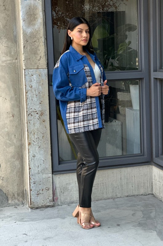 Oversized Denim & Plaid Print Jacket Top