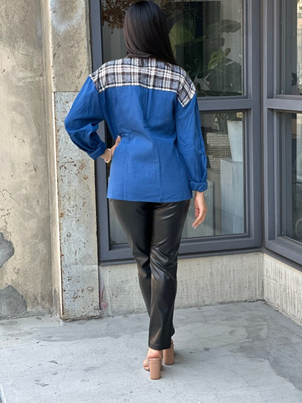 Oversized Denim & Plaid Print Jacket Top