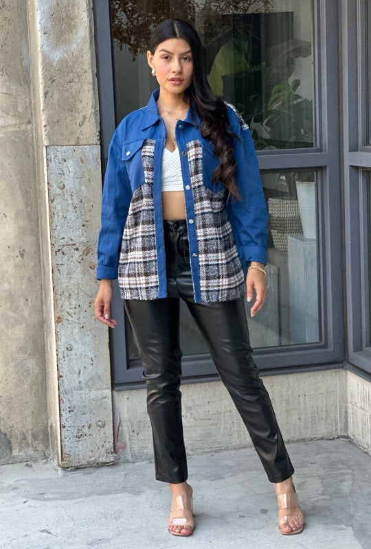 Oversized Denim & Plaid Print Jacket Top