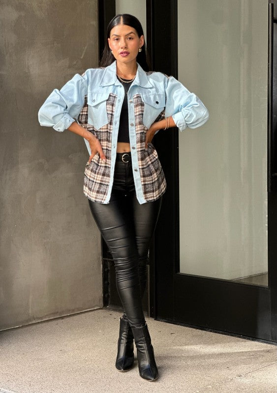 Oversized Denim & Plaid Print Jacket Top