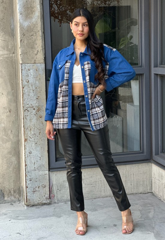 Oversized Denim & Plaid Print Jacket Top