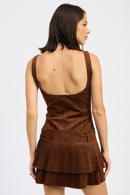 Emory Park Belted Suede Pleated Mini Dress