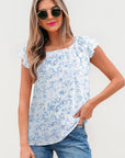Floral Bow-Back Square Neck Ruffle Sleeve Blouse
