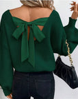 Back Tie Bow Cottagecore Sweater — Ribbed Knit V-Neck