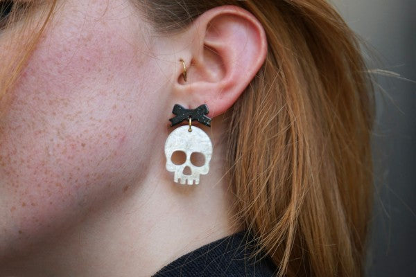 Bow Skeleton Earrings - White Shimmer