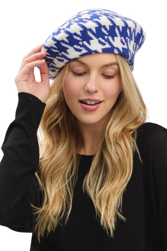 Houndstooth Pattern Soft Knit Beret Hat