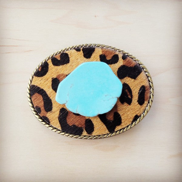 Rope Edge Leopard Leather Belt Buckle w/Blue Turquoise